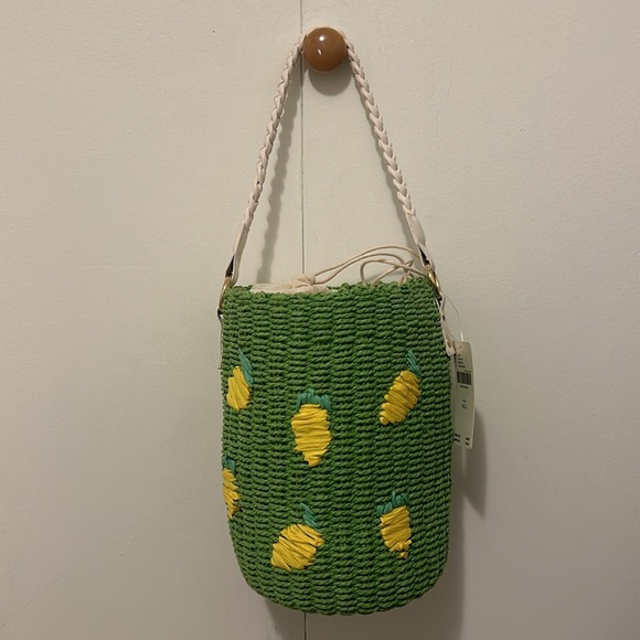 Anthropologie By Anthropologie Raffia Straw Lemon Fruit Bucket Bag Green NWT - Picture 6 of 12